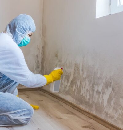 Female worker of cleaning service removes mold from wall using spray bottle with mold remediation chemicals, mold removal products